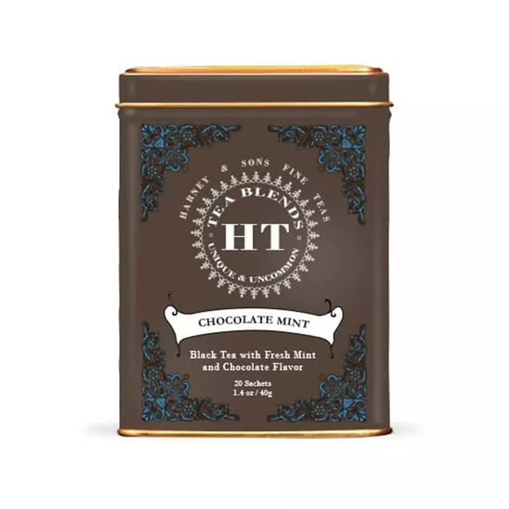 Boîte métallique de 20 sachets individuels de thé noir Chocolate Mint d'Harney and Sons