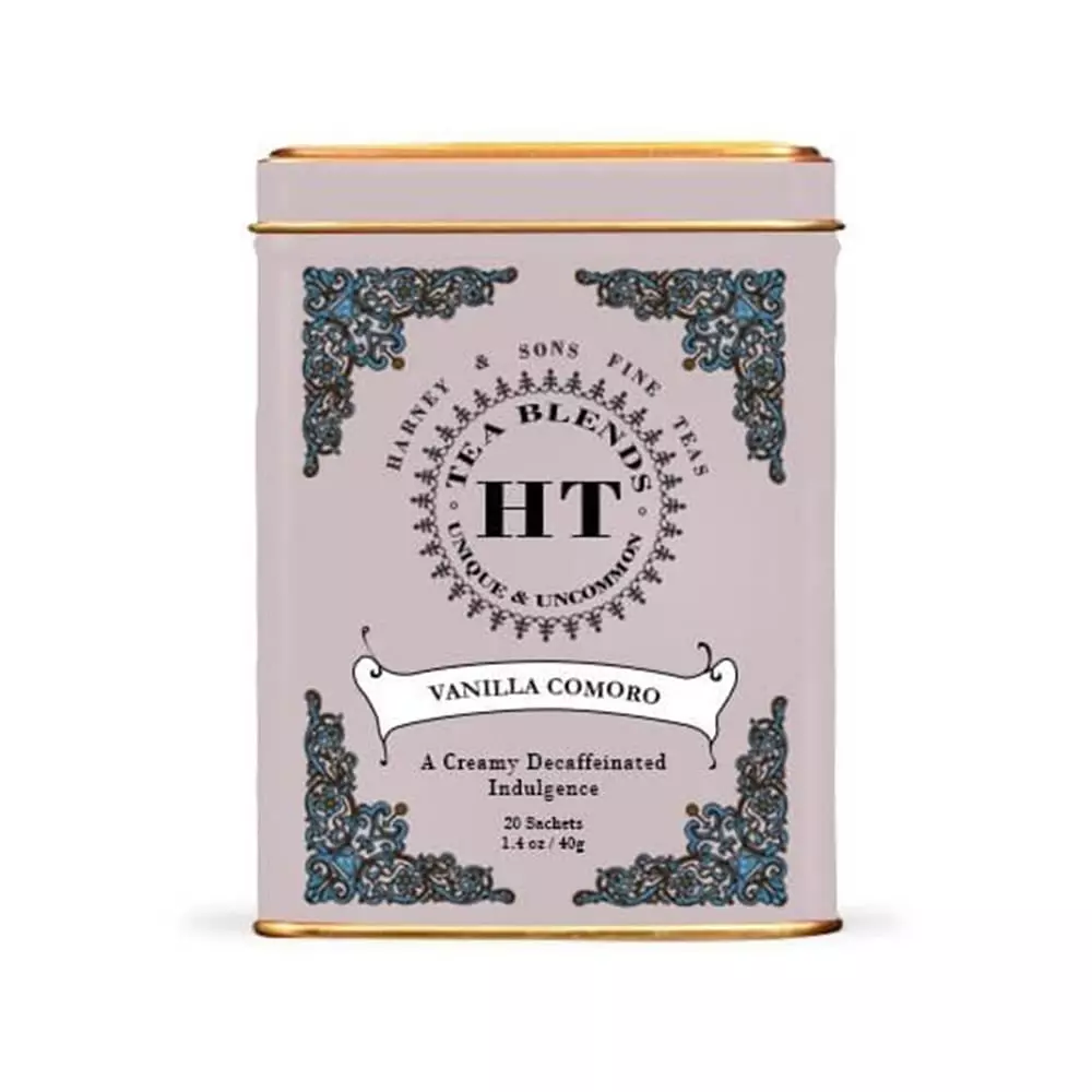 Boîte métallique de 20 sachets individuels de thé noir parfumé Vanilla Comoro d'Harney and Sons