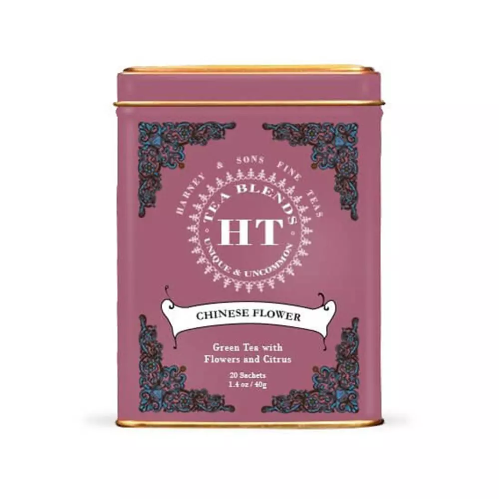 Boîte métallique de 20 sachets individuels de thé vert parfumé Chinese Flower d'Harney & Sons