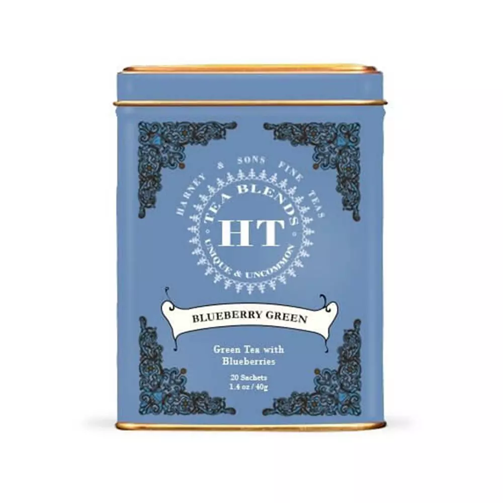 Boîte métallique de 20 sachets individuels de thé vert Blueberry Green Harney & Sons