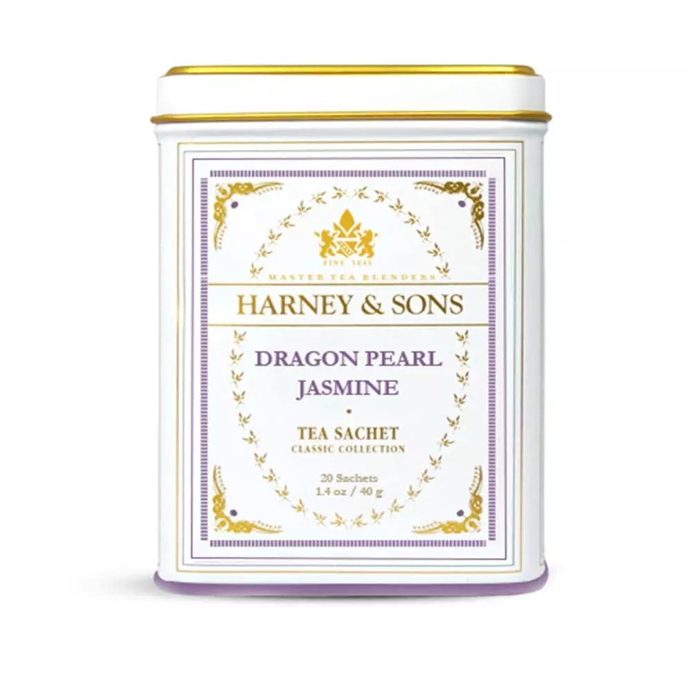 Boite métallique de 20 sachets individuels de thé vert Dragon Pearl Jasmine d'Harney & Sons