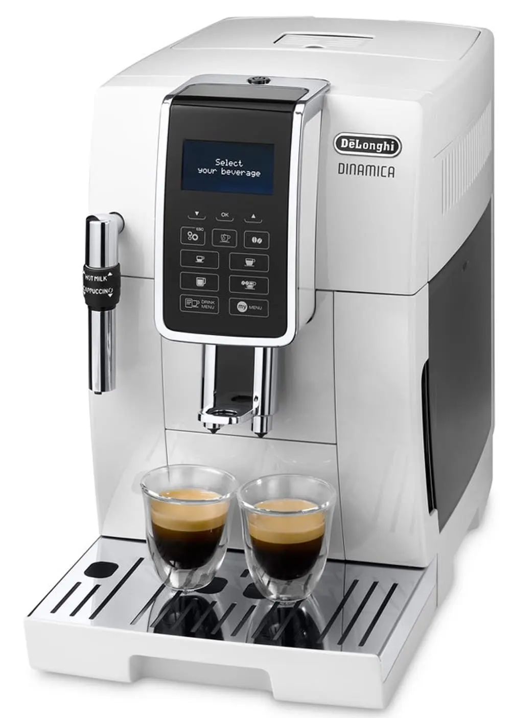 Machine à café De'Longhi Dinamica 3535 blanc vue de côté avec 2 tasses à café